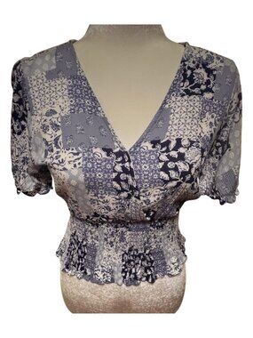 Paper Crane Patchwork Top Floral Smocked Waist Cropped Blue White Lavender Med.